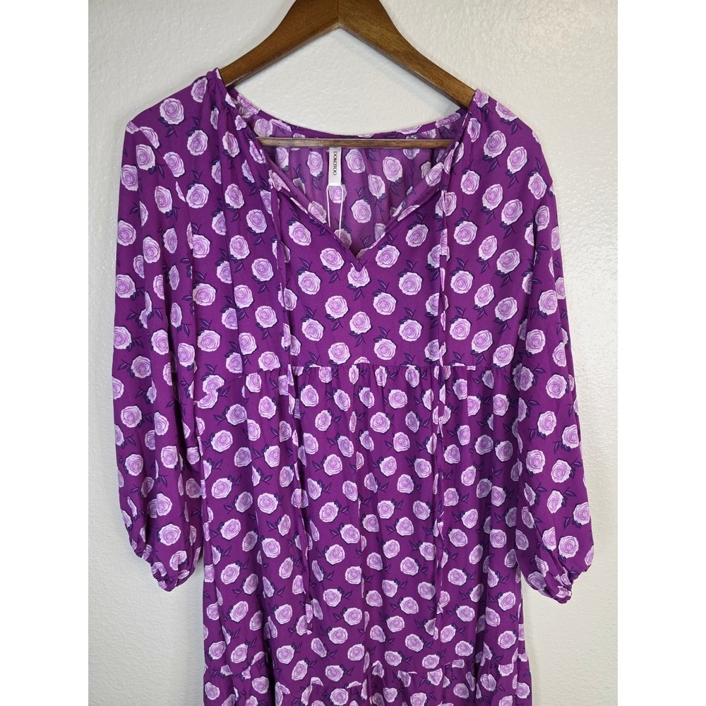 Dokotoo Purple Floral Rose Print Tiered M Maxi Dress Lagenlook Split V-Neck